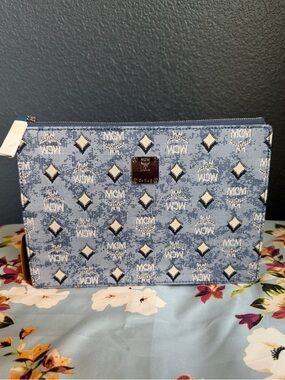 MCM Denim Light Blue and White Monogram  with Silver Plaque Clutch/Crossbody.